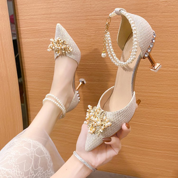 Damen elegante Pumps mit Perlenschmuck und glitzerndem Absatz R&B