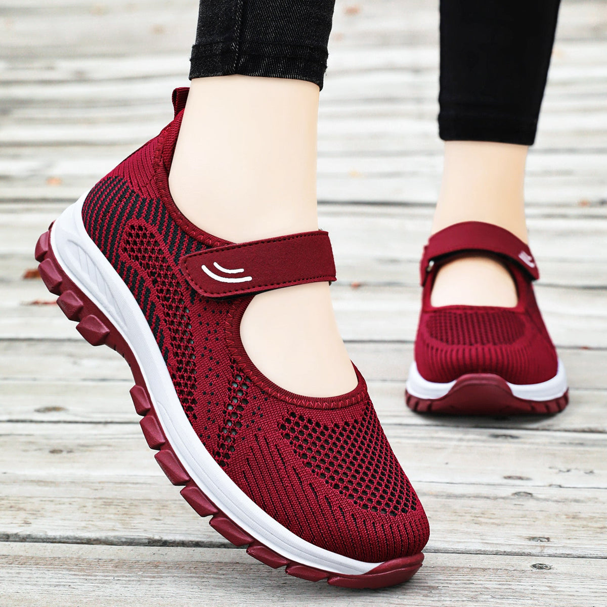 Damen nan atmungsaktive Strick-Mary-Jane-Sneaker mit Klettverschluss, perforiertem Obermaterial und stoßdämpfender EVA-Zwischensohle R&B