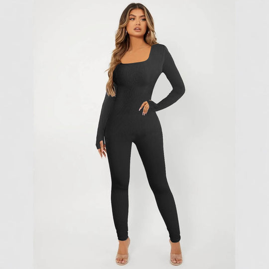 Damen Langarm Jumpsuit im eleganten Rippenmuster R&B