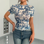Damen nan figurbetontes kurzärmliges Netzshirt mit Stehkragen und romantischem Landhausdruck R&B