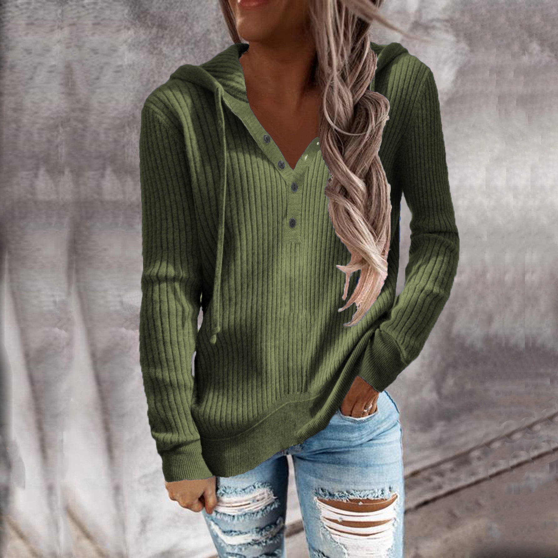 Damen Kapuzenpullover im modischen Rippdesign mit Knopfleiste R&B