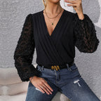 Damen Langarm Body mit raffinierten Puffärmeln und V-Ausschnitt R&B