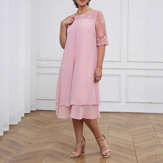 Damen nan A-Linien-Chiffonkleid mit floral bestickter Spitzenpasse, verdeckter Mittelnahtfalte und mehrlagigem Volant R&B