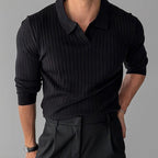 Herren nan figurbetontes Rippstrick-Polopullover mit offenem V-Ausschnitt und schmaler Passform R&B