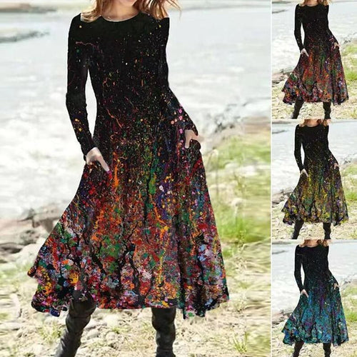Damen nan A-Linien-Midikleid mit abstraktem Spritzmuster, Rundhalsausschnitt, langen Ärmeln und Eingrifftaschen R&B
