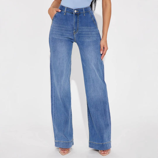 Damen Weite Denim-Hose mit hoch geschnittenem Bund und lässigem Schnitt R&B