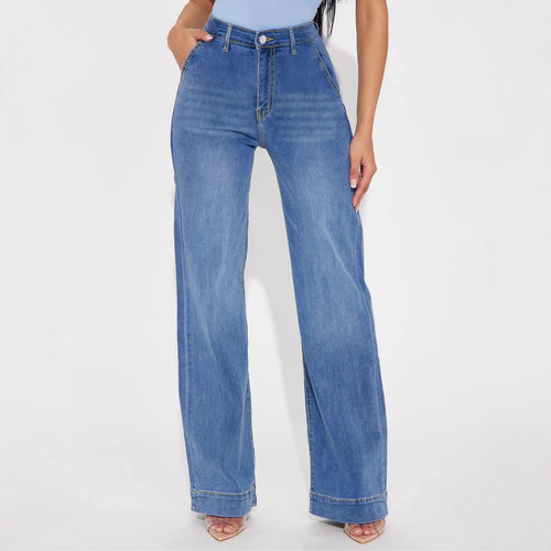 Damen Weite Denim-Hose mit hoch geschnittenem Bund und lässigem Schnitt R&B