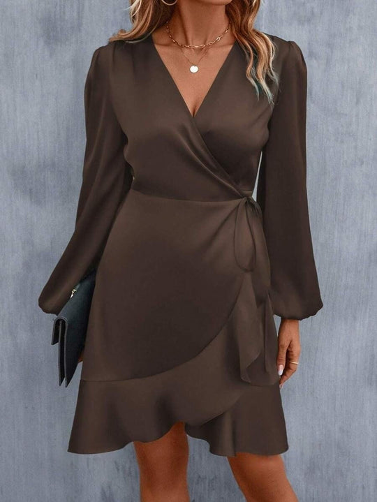 R&B | V-Ausschnitt Kleid Satin Taille Eng Niedrig Ausschnitt Lässig Midi Kleid Süß Frauen Kleidung