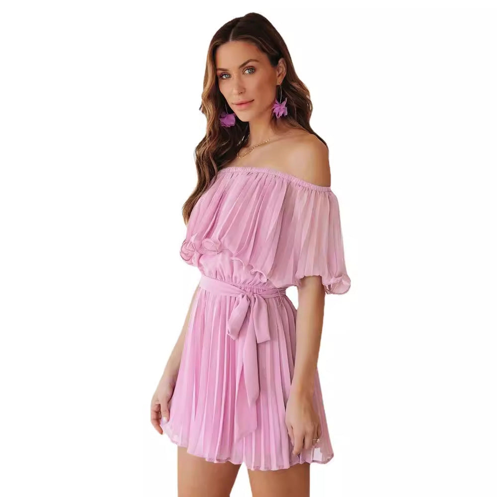 Damen Plissiertes Minikleid mit schulterfreien Puffärmeln und Taillengürtel R&B