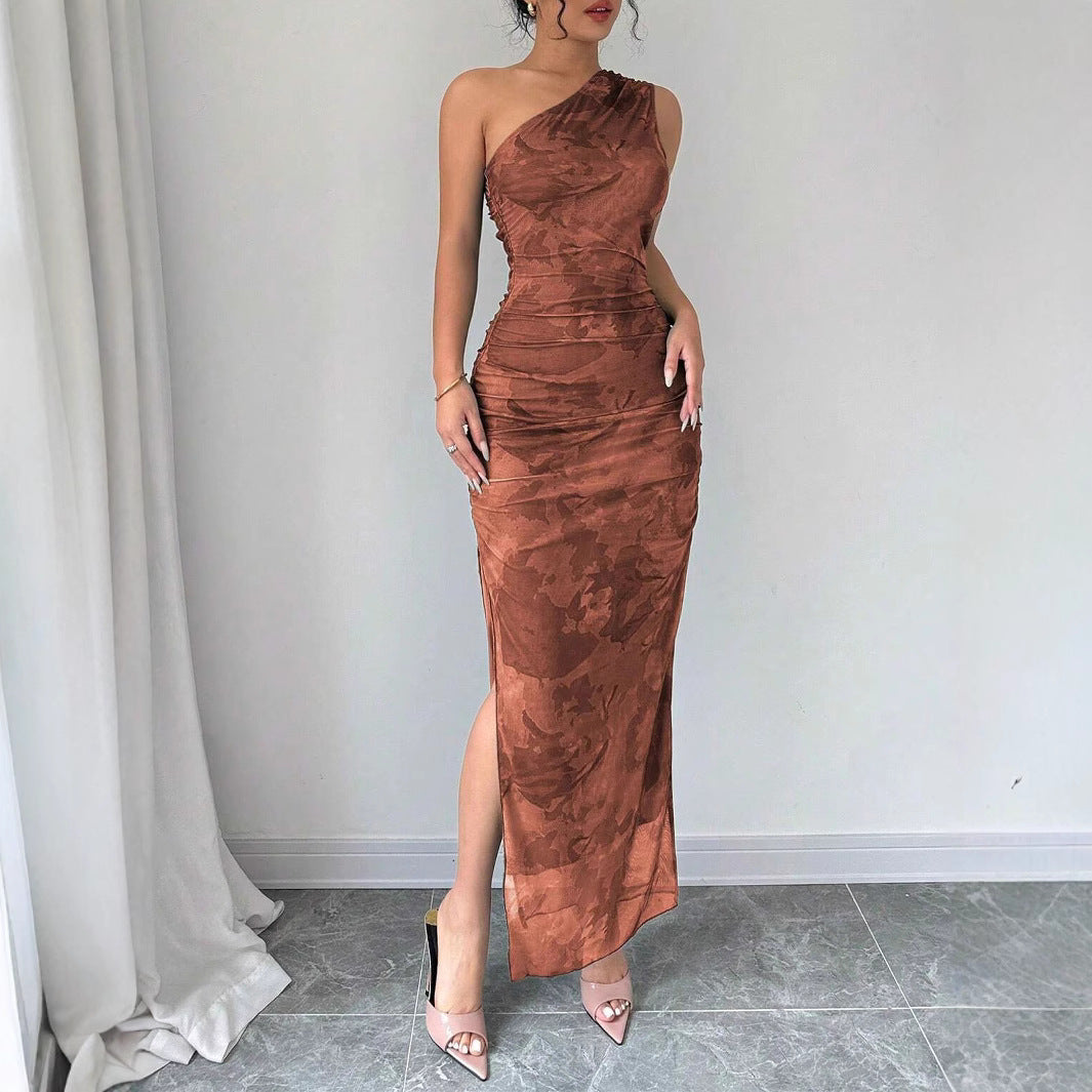 Damen Elegantes One-Shoulder Maxikleid mit sanften Raffungseffekten R&B