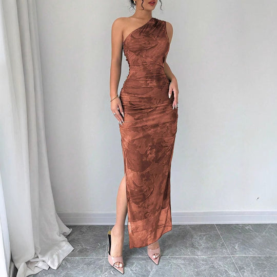 Damen Elegantes One-Shoulder Maxikleid mit sanften Raffungseffekten R&B