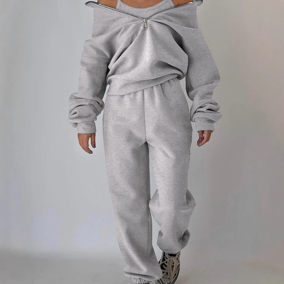Damen Lässiger Oversized-Hoodie und Jogginghose Set mit Praktischem Reißverschluss R&B