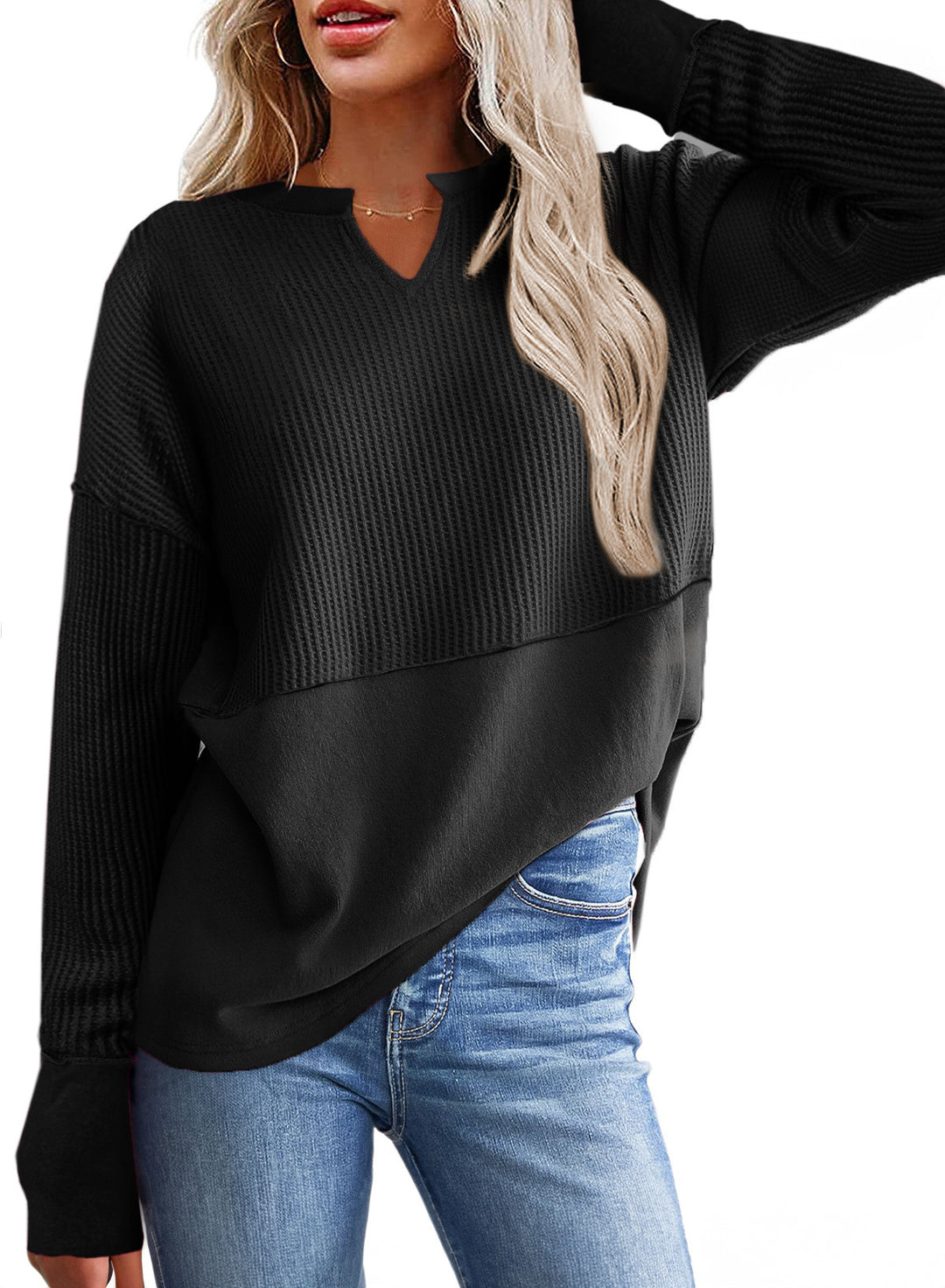 Damen lässiger Knit-Pullover mit V-Ausschnitt und Struktur R&B