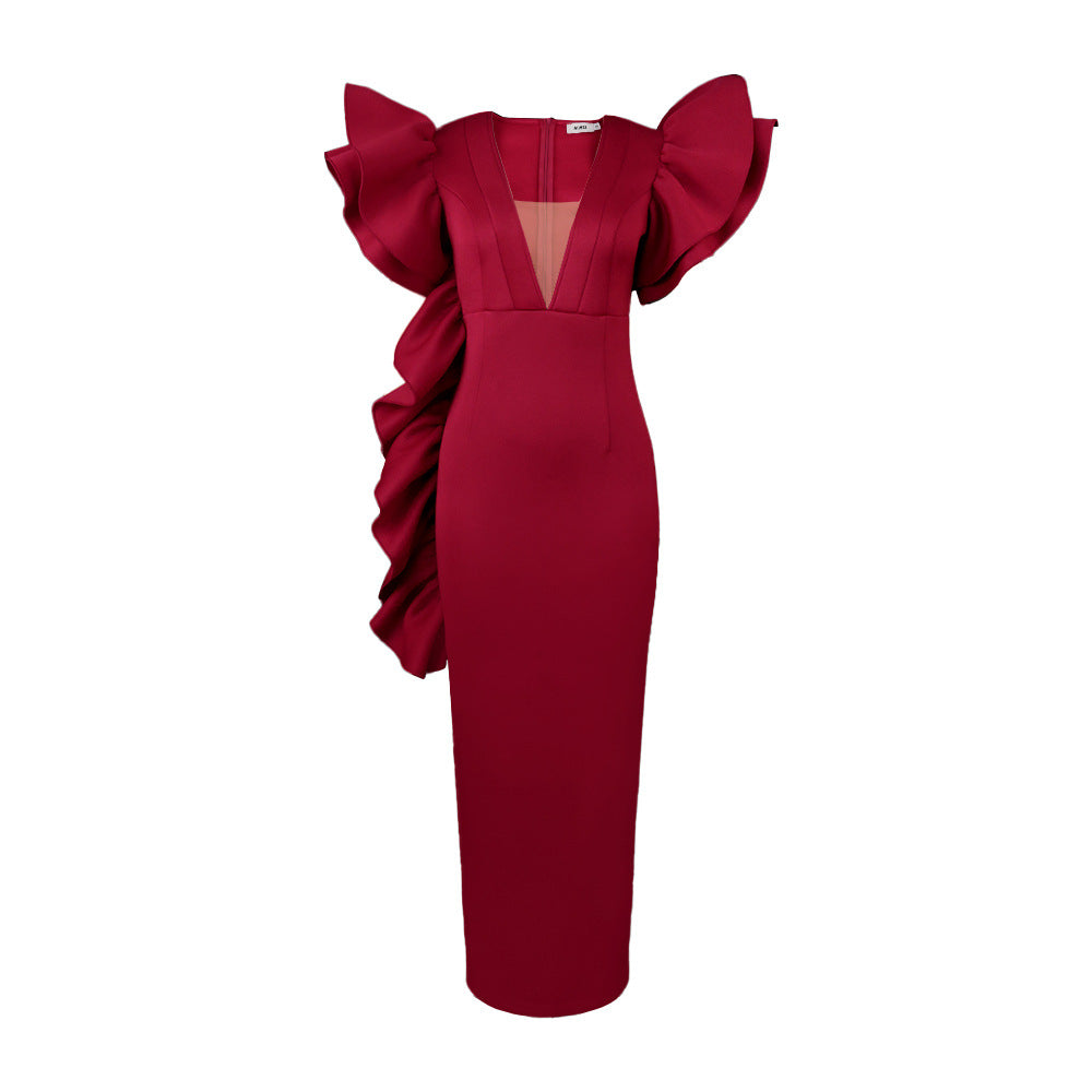 Damen figurumspielendes Abendkleid mit voluminösen Rüschenärmeln R&B