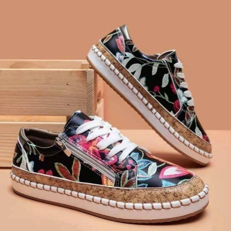 Damen modische Sneaker mit farbenfrohem Blumenmuster und hochwertiger Korksohle R&B