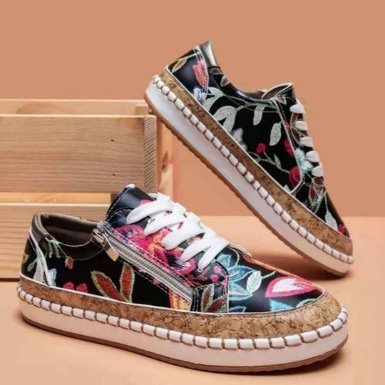 Damen modische Sneaker mit farbenfrohem Blumenmuster und hochwertiger Korksohle R&B