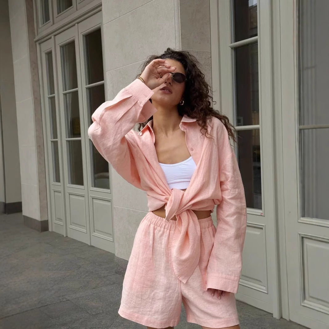 Damen lässige Leinenbluse und Shorts Set R&B