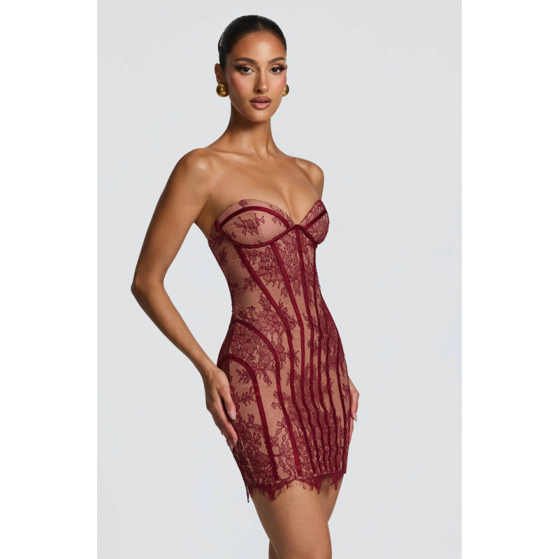 Damen Sexy Spitzenkleid mit gerafftem Schnitt und herzförmigem Ausschnitt R&B