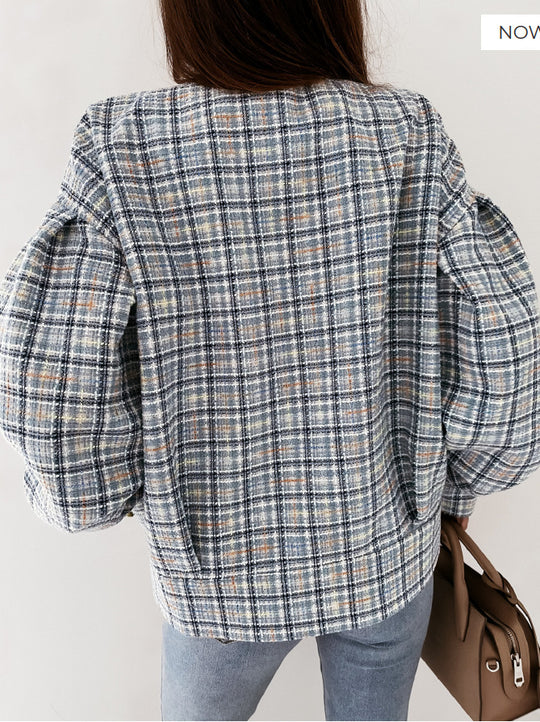 Damen Modischer Karostrickjacke mit einzigartigem Knopfverschluss R&B