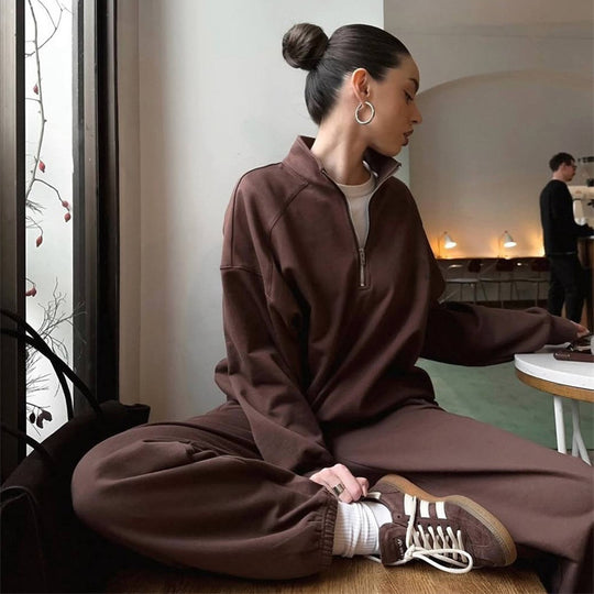 Damen sportlicher Fleece-Pullover mit hohem Kragen und Reißverschluss R&B