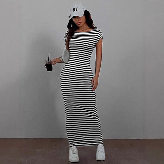 Damen Maxikleid mit offenem Rücken und Stripes R&B