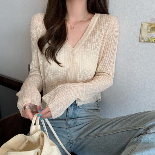 Damen lässige Strickjacke mit dekorativem Knopfdesign und gerippten Abschlüssen