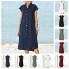 Damen lässiges Midi-Hemdkleid aus Leinen mit Knopfleiste und seitlichen Taschen R&B
