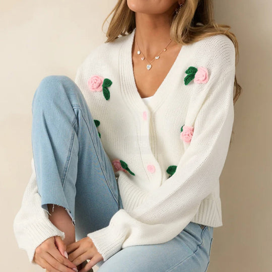 Damen Strickjacke mit floralen Applikationen und bequemen Knopfdetails R&B