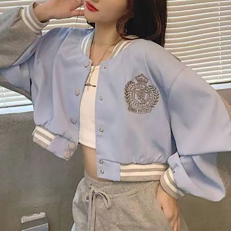 Damen lässige Collegejacke mit gesticktem Logo und kontrastierenden Ärmeln