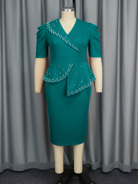 Damen figurbetontes Wickelkleid mit Rüschen und Perlenakzenten R&B