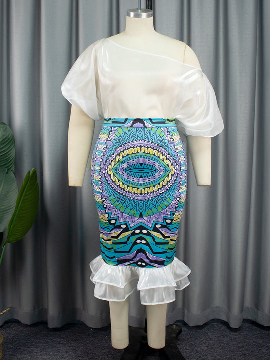 Damen Elegantes Kleid mit asymmetrischem Design und buntem Print R&B