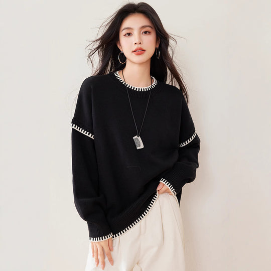 Damen Übergroßer Strickpullover mit Kontrastbündchen R&B