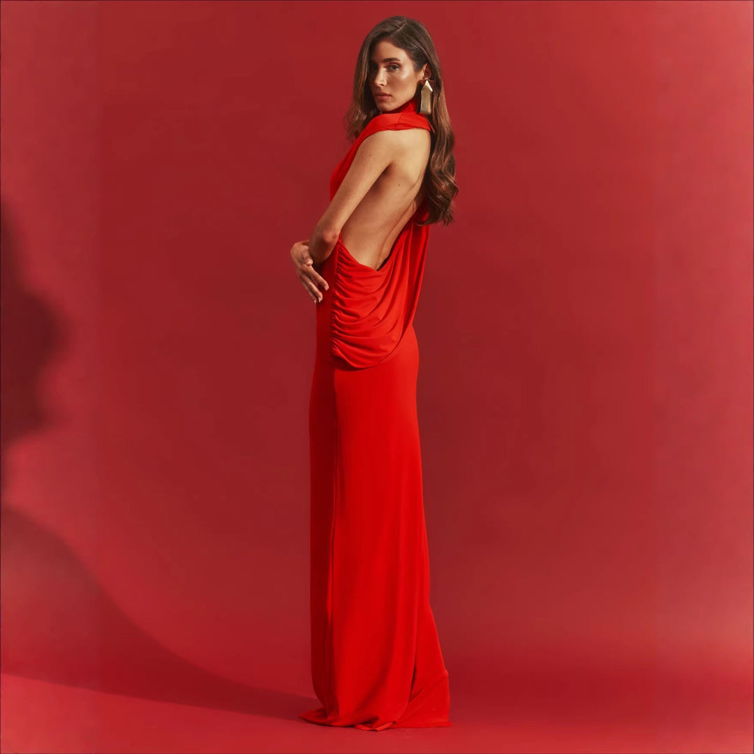 Damen stilvolles Maxikleid mit asymmetrischem Schnitt und hohem Stehkragen R&B