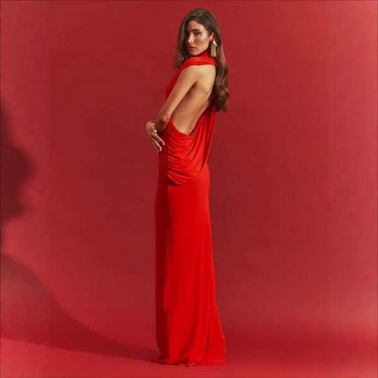 Damen stilvolles Maxikleid mit asymmetrischem Schnitt und hohem Stehkragen R&B