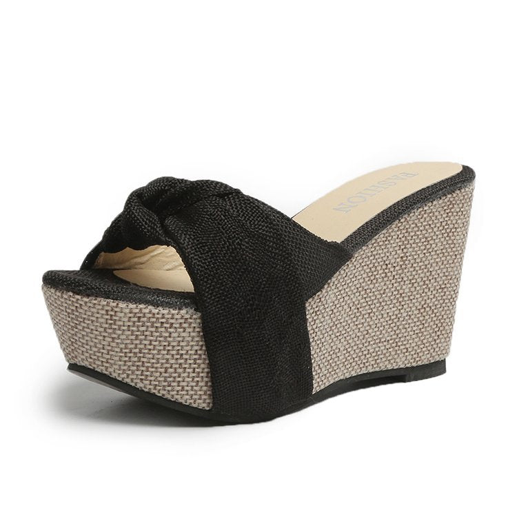 Damen nan Keil-Pantolette mit hohem Bast-Plateau und gedrehtem Textilriemen R&B