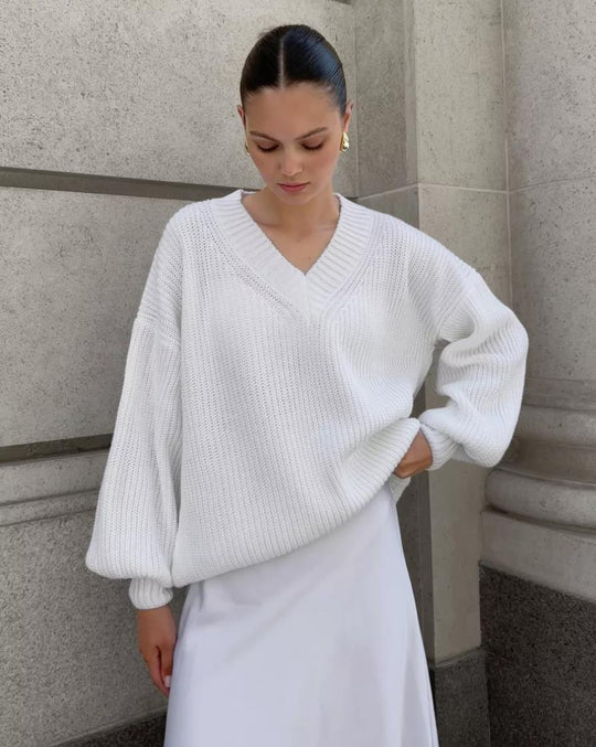 Damen V-Ausschnitt Strickpullover mit voluminösen Ärmeln und strukturierter Oberfläche R&B
