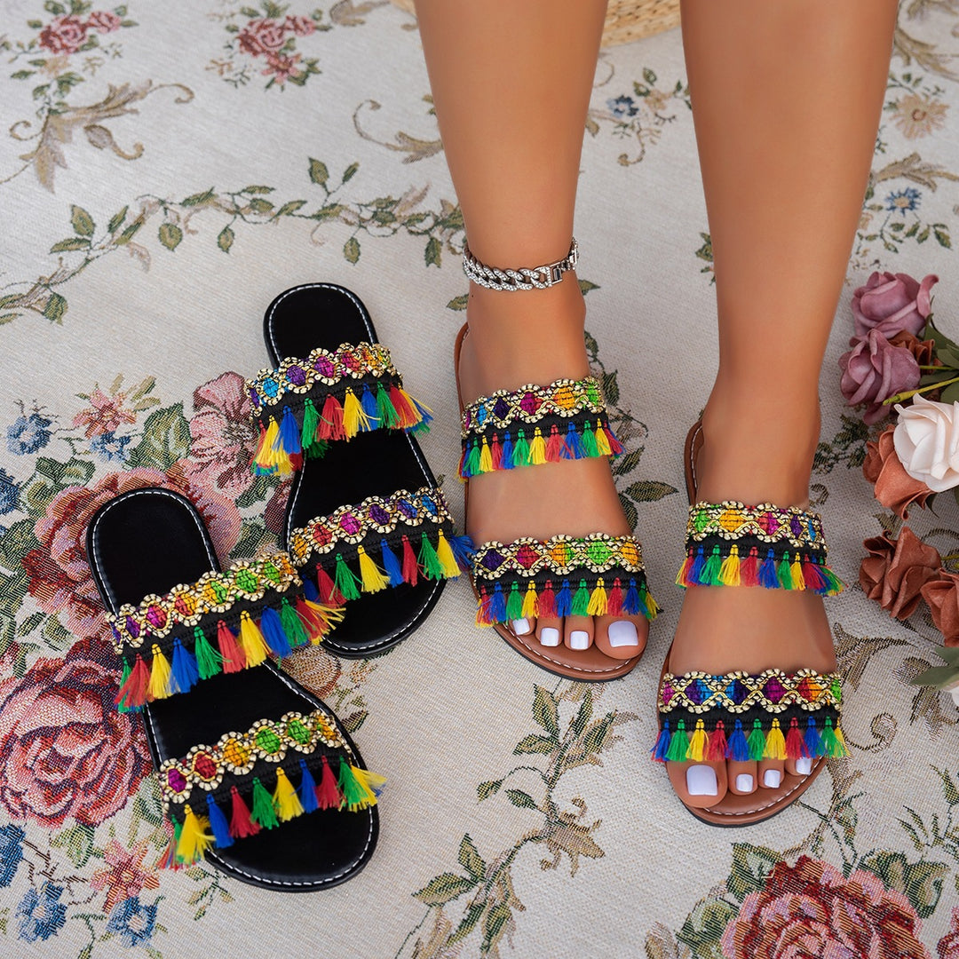 Damen Bunte Badeschuhe mit auffälligen Quasten und Schmuckverzierung R&B