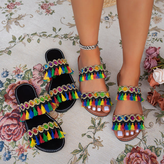 Damen Bunte Badeschuhe mit auffälligen Quasten und Schmuckverzierung R&B