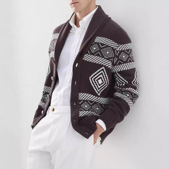 Herren Strickjacke mit modernem grafischen Muster und klassischem Kragen R&B