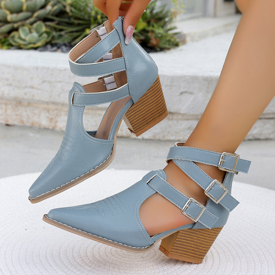 Damen High Heel Stiefeletten mit einzigartigen Riemen und verziertem Absatz R&B