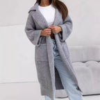 Damen Langer Strickmantel mit Kapuze und praktischen Taschen R&B