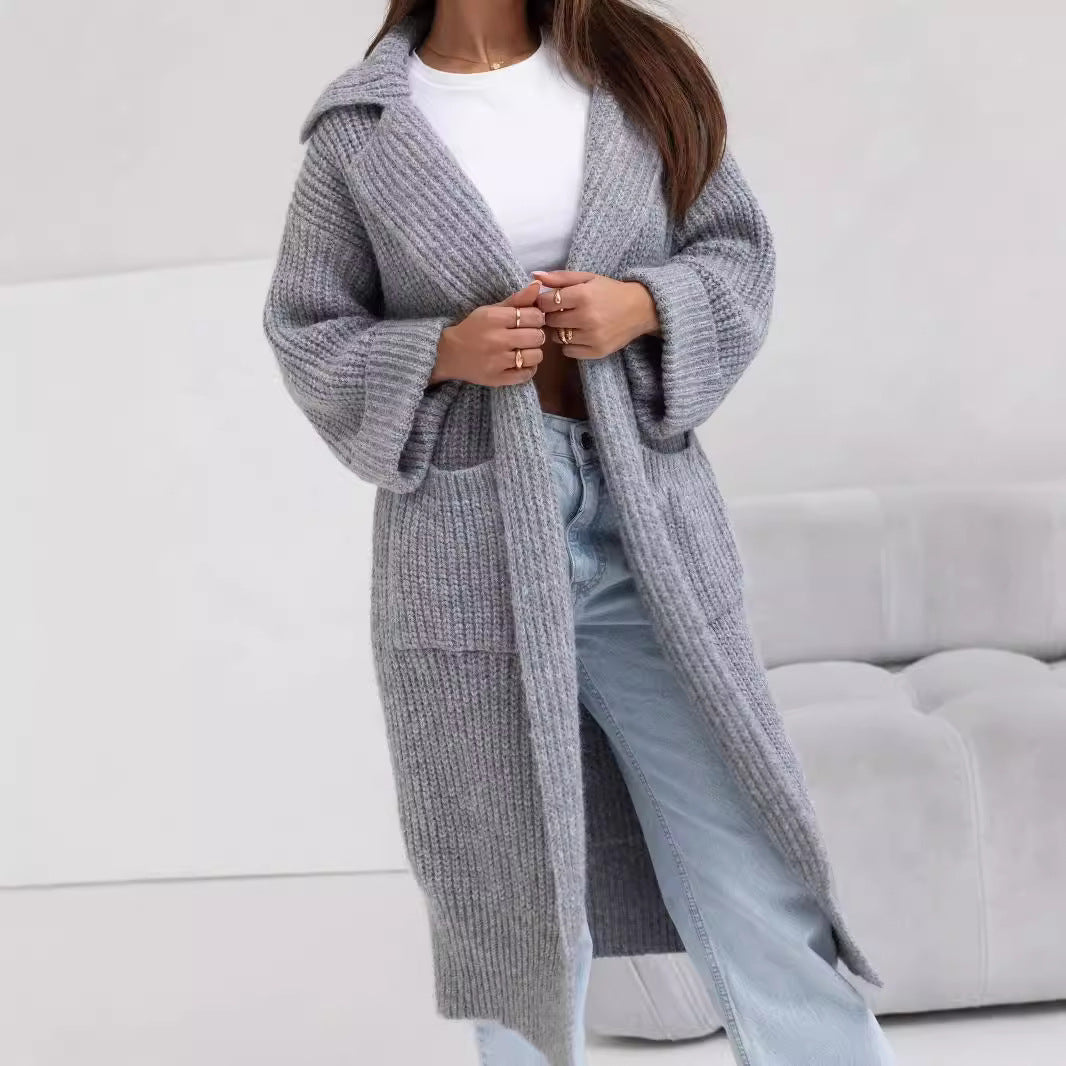 Damen Langer Strickmantel mit Kapuze und praktischen Taschen R&B
