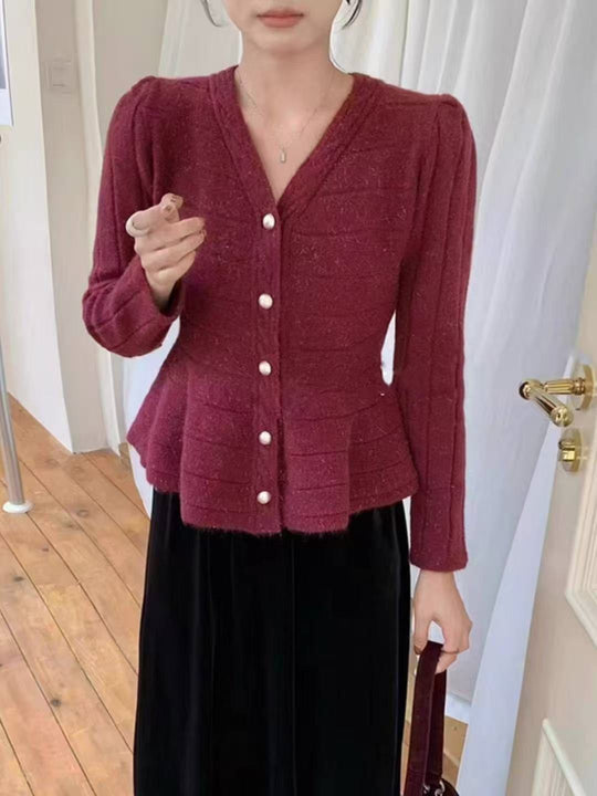 Damen elegante Strickjacke mit strukturiertem Design und femininen Puffärmeln R&B