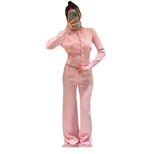 Damen Bequemes Strick-Loungewear-Set mit Knopfleiste R&B