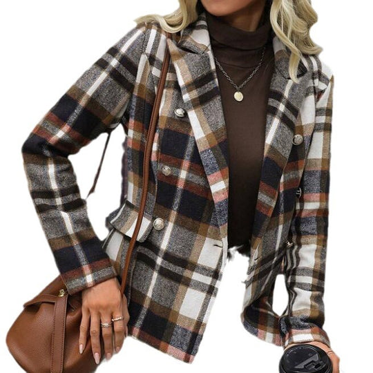 Damen kariertes Zweireiher-Blazerjacke mit eleganten Knopfdetails und maßgeschneidertem Schnitt R&B
