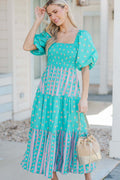Damen Maxikleid mit gerafftem Oberteil und voluminösen Puffärmeln R&B