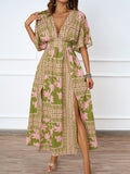 Damen Maxikleid im Boho-Stil mit tiefem V-Ausschnitt und seitlichem Schlitz R&B