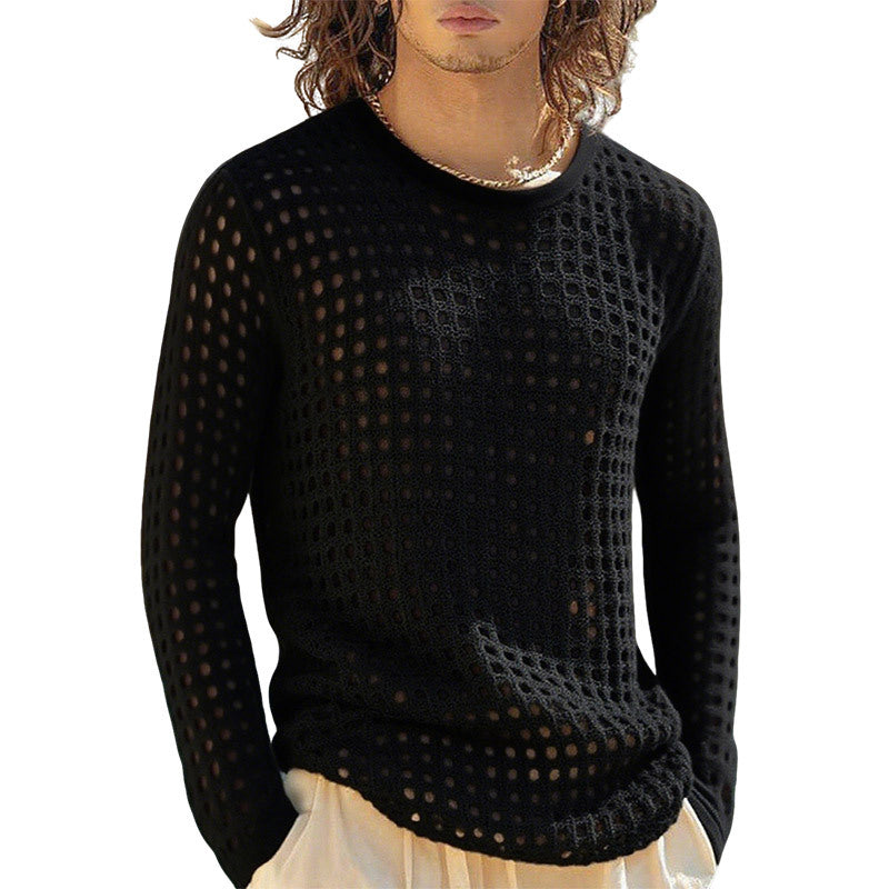 Herren nan luftiger durchbrochener Strickpullover mit quadratischem Netzmuster und Rundhalsausschnitt R&B