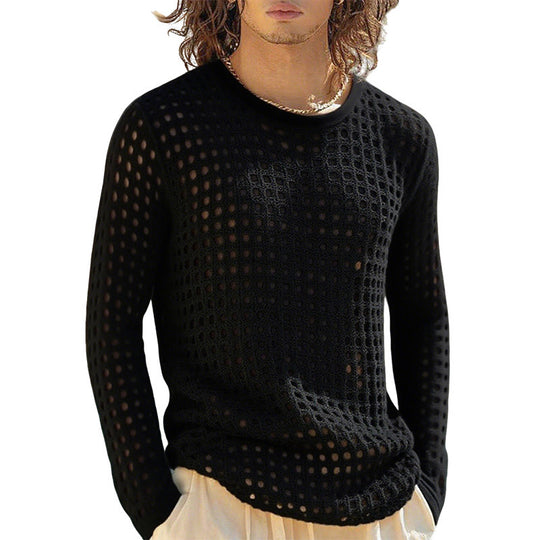 Herren nan luftiger durchbrochener Strickpullover mit quadratischem Netzmuster und Rundhalsausschnitt R&B