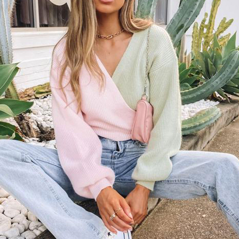 Damen Eleganter V-Ausschnitt Pullover mit farblich abgesetzten Ärmeln und strukturierter Oberfläche R&B